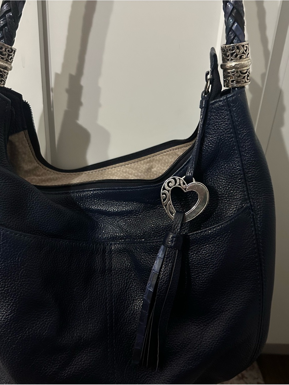 Brighton Navy Braided-Handle Leather Hobo with Heart Charm - Picture 2 of 8